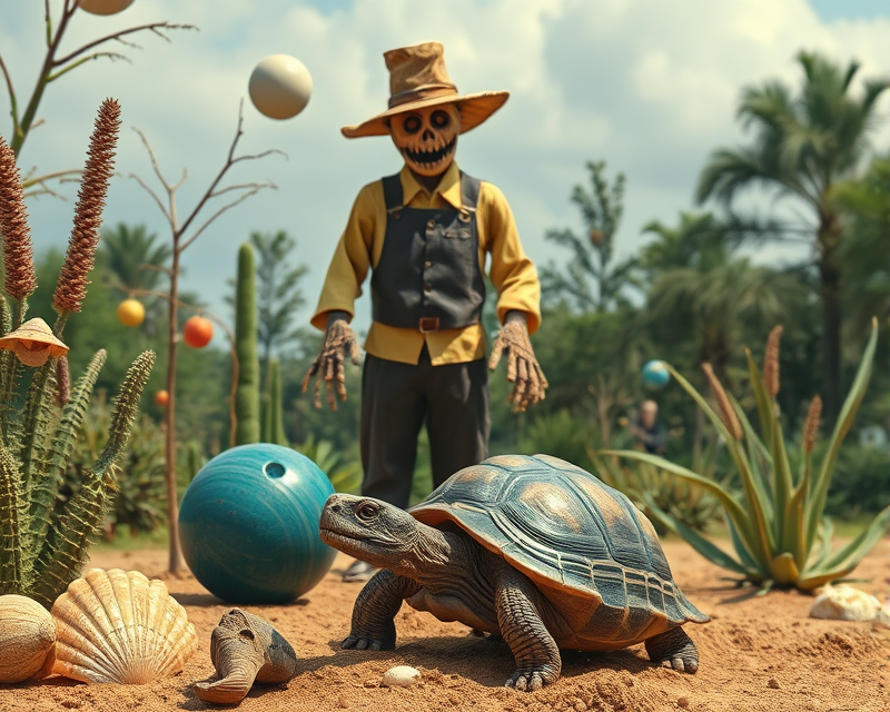 scarecrow, bowling ball, turtle, seashell, dinosaur